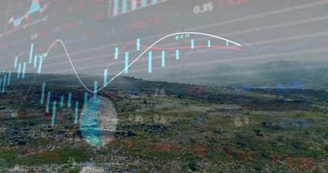 Merging candlestick market charts with misty moorland landscape for digital finance