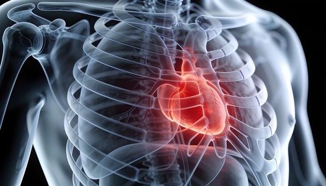 Translucent rib cage revealing glowing heart cardiac anatomy visualization for education