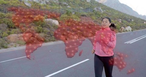 Asian Woman Jogging with Digital Global Map in Scenic Mountains