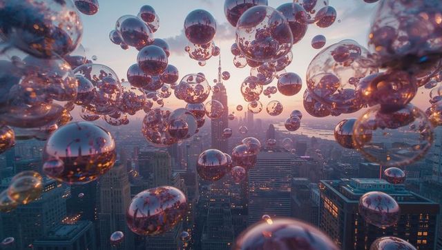 Surreal Floating Spheres Above Cityscape at Sunset