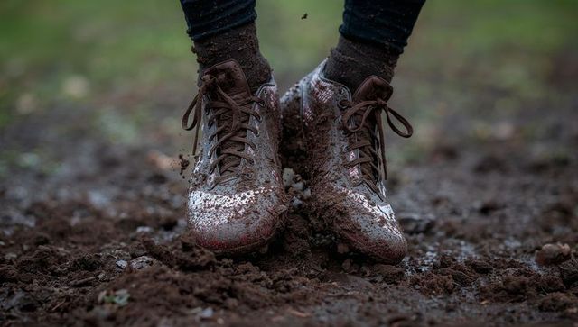 Muddy lace-up hiking boots sinking into trail mud with flying dirt and grit