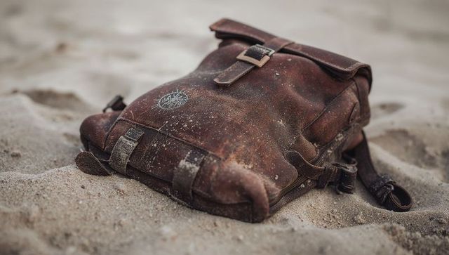 Weathered brown leather backpack resting on beach sand with buckles and vintage emblem