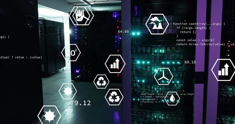 Futuristic Data Processing with Ecology Icons in Server Room - Download Free Stock Images Pikwizard.com