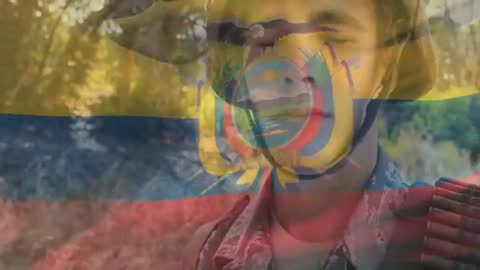 Soldier Adjusting Helmet in Masked Flag Gradient Woodland