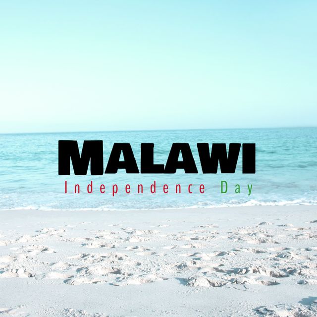 Perfect for commemorating Malawi's Independence Day, this image of a tranquil seascape with clear blue skies and sandy shores carries the text 'Malawi Independence Day'. It can be used for social media posts, banners, flyers, and other marketing materials to celebrate and promote national pride.