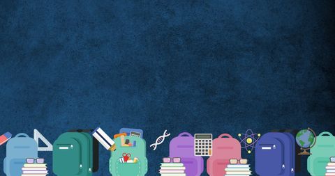 Colorful Rucksacks and School Supplies on Blue Background