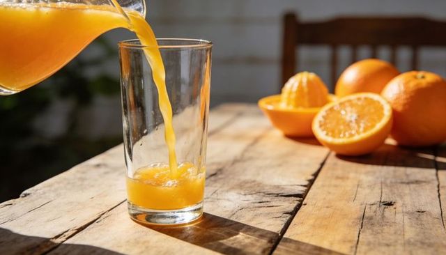Pouring fresh orange juice into glass on rustic wooden table with halved oranges