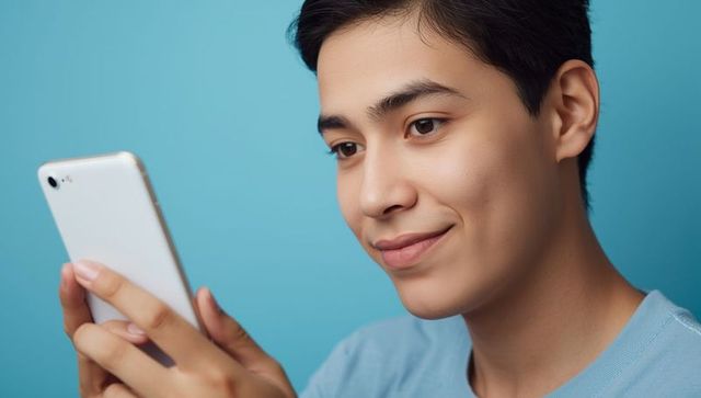 Asian Teen Using Smartphone in Studio with Blue Background