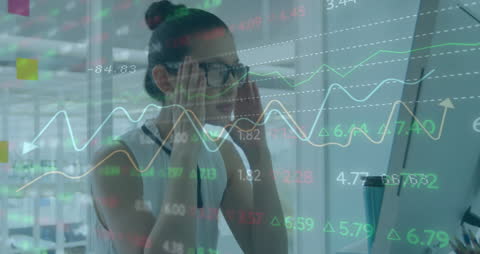 Stressed Businesswoman Analyzing Stock Market Trends on Computer Screen