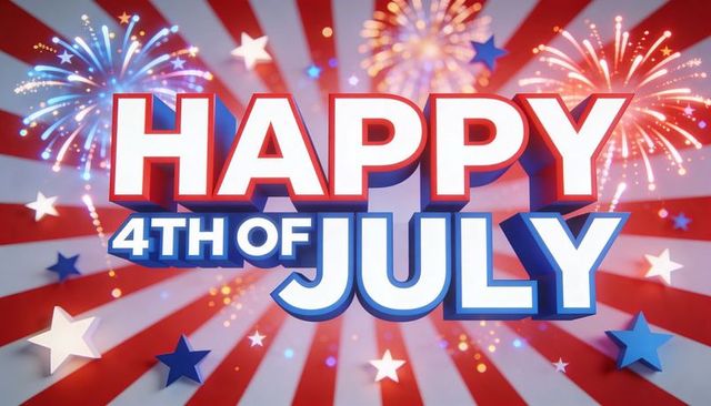 3d happy 4th of july typography celebrating with fireworks and starburst background