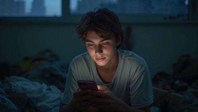 Teenager scrolling smartphone on rumpled bed in dim urban bedroom at dusk, screen glow
