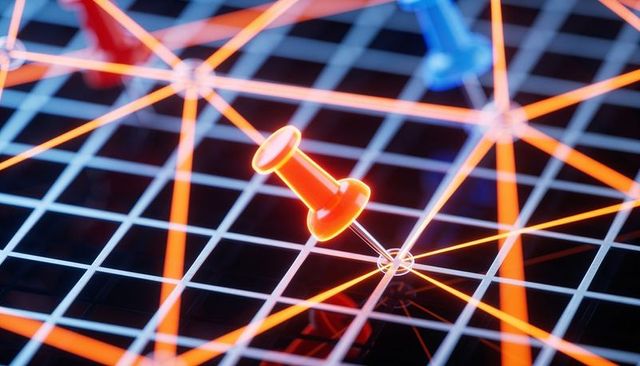 Neon network pinpointing red pushpin on glossy grid for data mapping and connectivity