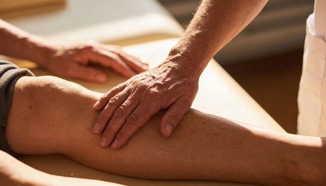 Senior leg physiotherapy with therapist applying manual calf massage in sunlit clinic