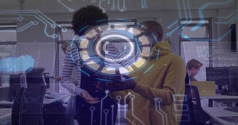 Tech Team Collaborating Over Tablet with Futuristic HUD Overlay in Startup Office