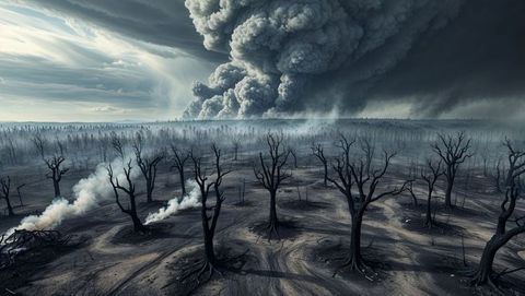 Desolate ashen forest with dark smoke plumes after the apocalypse