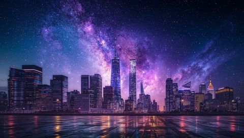Milky Way Over Neon Skyline Reflecting on Wet Riverfront at Night with Twin Towers