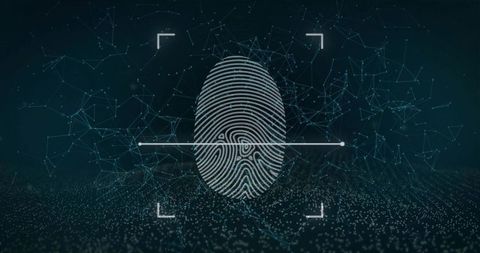 Glowing fingerprint biometric scan over digital network mesh for cybersecurity