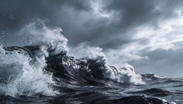 Roaring storm ocean wave crashing and surging, dramatic dark seascape with white spray