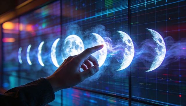 Hand Interacting with Holographic Moon Phases on Futuristic Neon Interface
