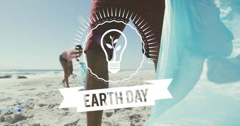 Volunteers Cleaning Beach for Earth Day with Blue Trash Bags and Ocean Conservation Theme