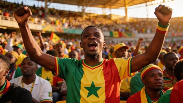 Cheering senegalese football fan raising arms and shouting in vibrant sunlit stadium crowd