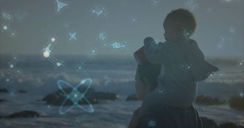 Mother and Child Exploring Beach Under Mystical Starry Sky at Dusk
