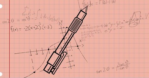 Mathematical equations with pen on square lined paper background