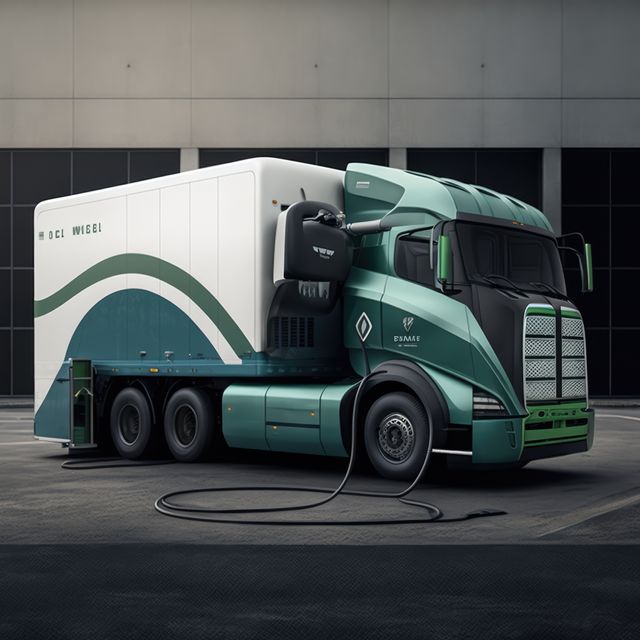 Electric lorry charging in charging station, created using generative ai technology. Electric car and eco transport concept digitally generated image.