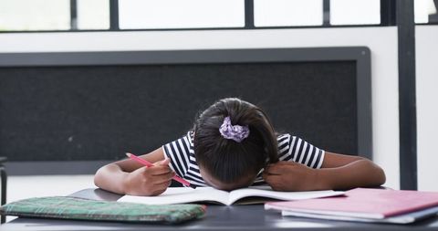 Young student diligently focused on schoolwork