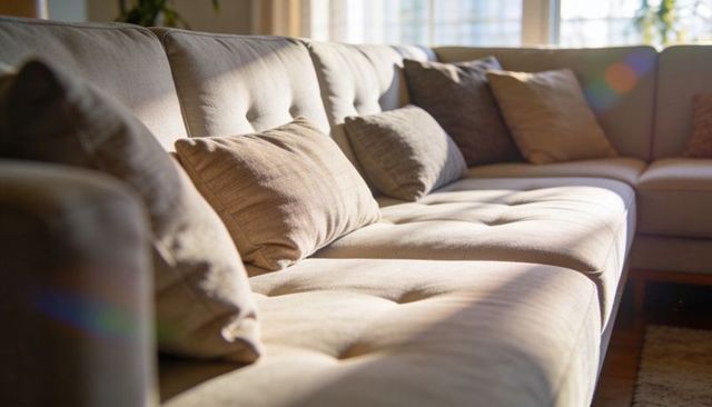 Sunlit beige tufted l-shaped sectional sofa with soft throw pillows and warm shadows