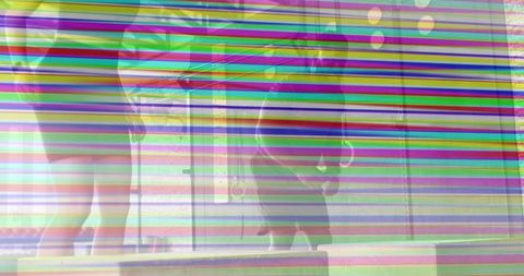 Commuters waiting on platform wearing short skirts and dark coats with scanline glitch