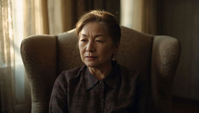 Contemplative asian woman sitting in wingback chair by sunlit window, serene portrait