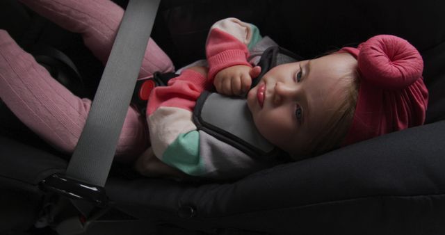 Baby in Car Seat with Safety Belt and Pink Headband - Download Free Stock Photos Pikwizard.com