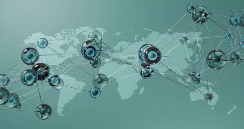 Connecting global metallic nodes and hubs over world map with cyan accents