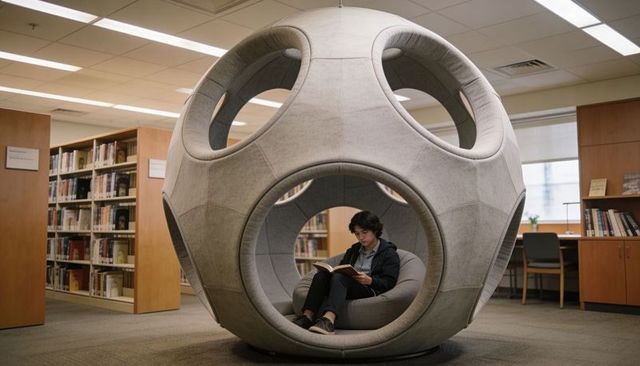 Young man reading inside futuristic spherical pod at public library study nook