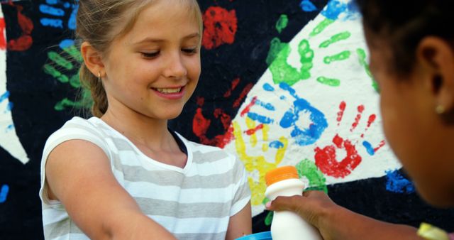 Children Painting Colorful Handprint Mural Outdoors - Download Free Stock Images Pikwizard.com