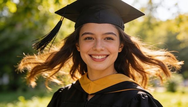 Smiling female graduate wearing mortarboard, gown and gold hood, sunlit outdoor portrait