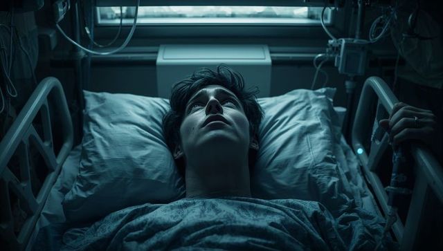 Young patient lying in hospital bed at night receiving iv infusion and monitoring cables