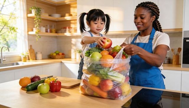 Caregiver and child packing fresh produce in bright home kitchen preparing healthy meals