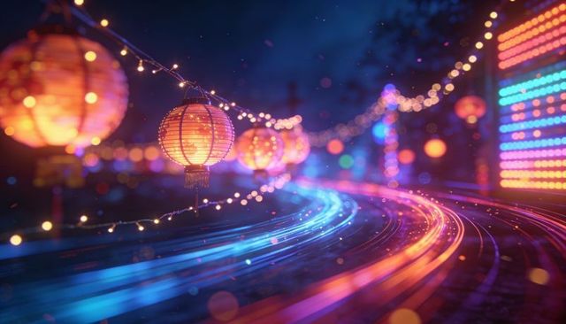 Glowing paper lanterns lighting neon night path with vibrant bokeh motion trails