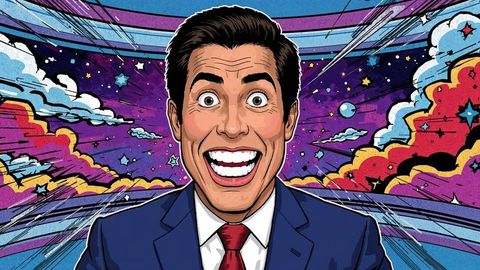 Dynamic Businessman in Pop Art Style with Cosmic Background