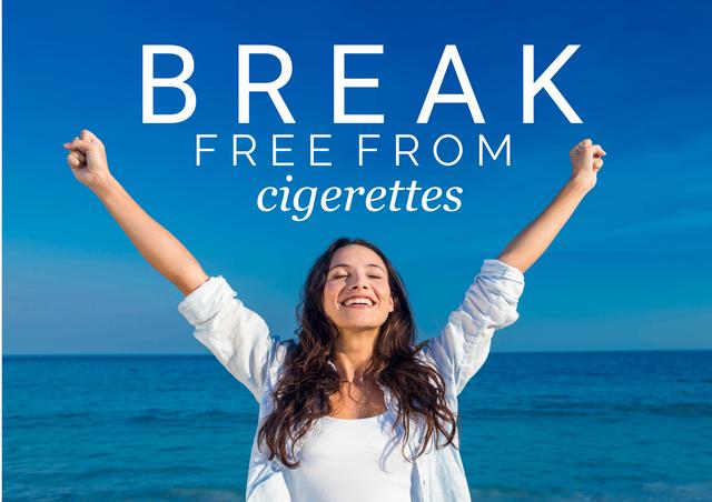 Digital composition of blissful woman with free from cigarette text