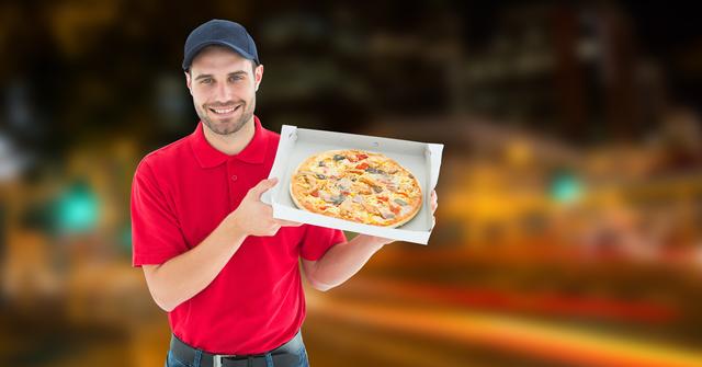 Digital composite of Delivery man holding pizza in box
