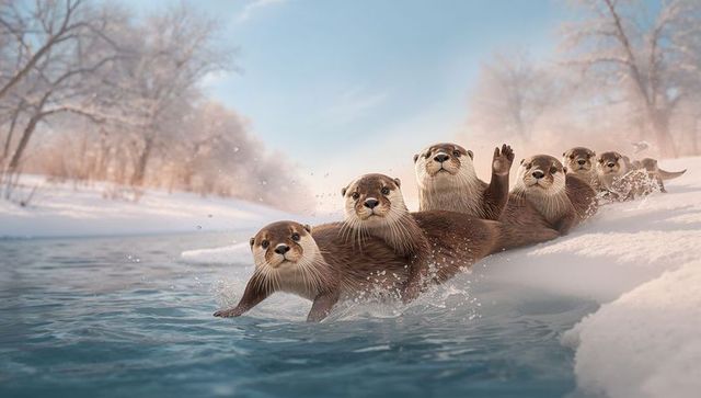 Playful otter family sliding into winter stream, splashing along snowy riverbank