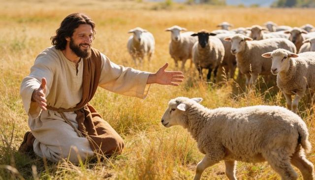 Kneeling shepherd welcoming lamb in golden grass pasture, flock gathering in sunlight