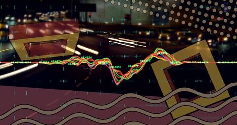 Futuristic urban analytics with neon graphs over city at night