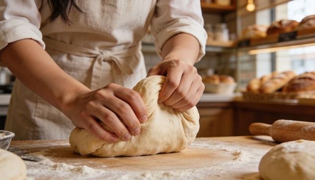 Baker kneading dough on wooden countertop wearing apron rolled sleeves artisan bakery