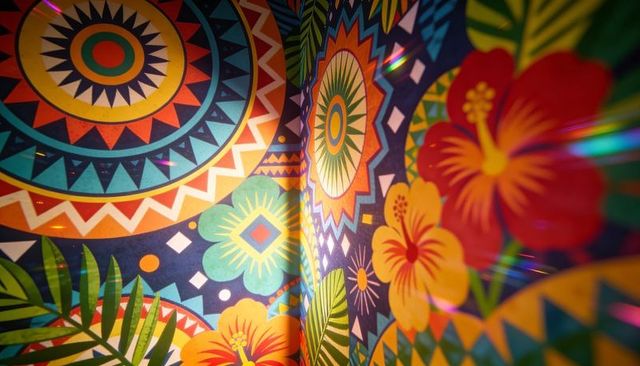 Tropical mandala wallpaper panel with geometric floral motifs and iridescent accents