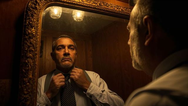 Mature man adjusting tie in ornate mirror under warm moody lighting, vintage wood interior