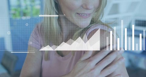 Woman touching shoulder displaying futuristic data overlay with charts and graphs
